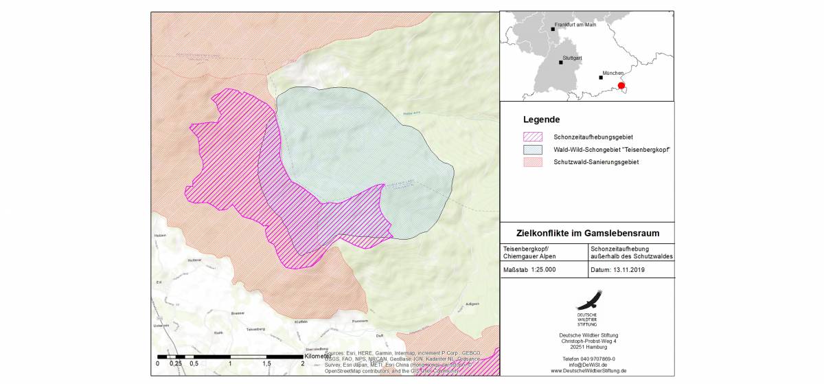 Abbildung: Schonzeitaufhebungsgebiete im Wald-Wild-Schongebiet „Teisenbergkopf“ und z.T. außerhalb der Schutzwaldgebiete
