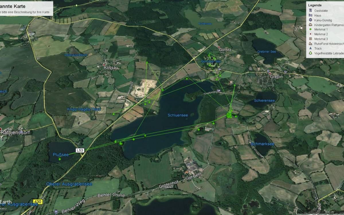 Aufenthaltsorte eines Großen Abendseglers mit GPS-Logger von zwei Nächten an den Ufern des Schluensees. Die Verbindungen der einzelnen Punkte müssen nicht den Flugrouten entsprechen.